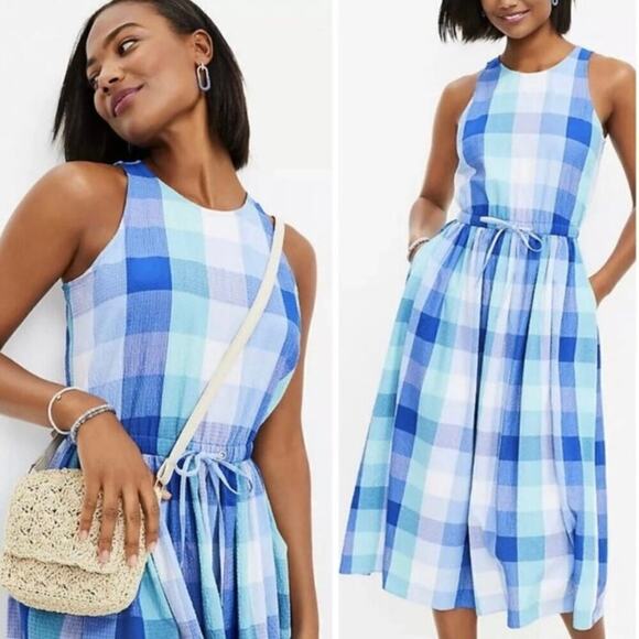 LOFT Dresses & Skirts - LOFT Blue Plaid Seersucker Midi Dress Size L